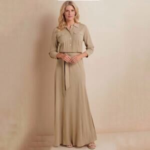 Soft Surroundings Savanna Maxi Shirt dress with tie waist Tan sz XS